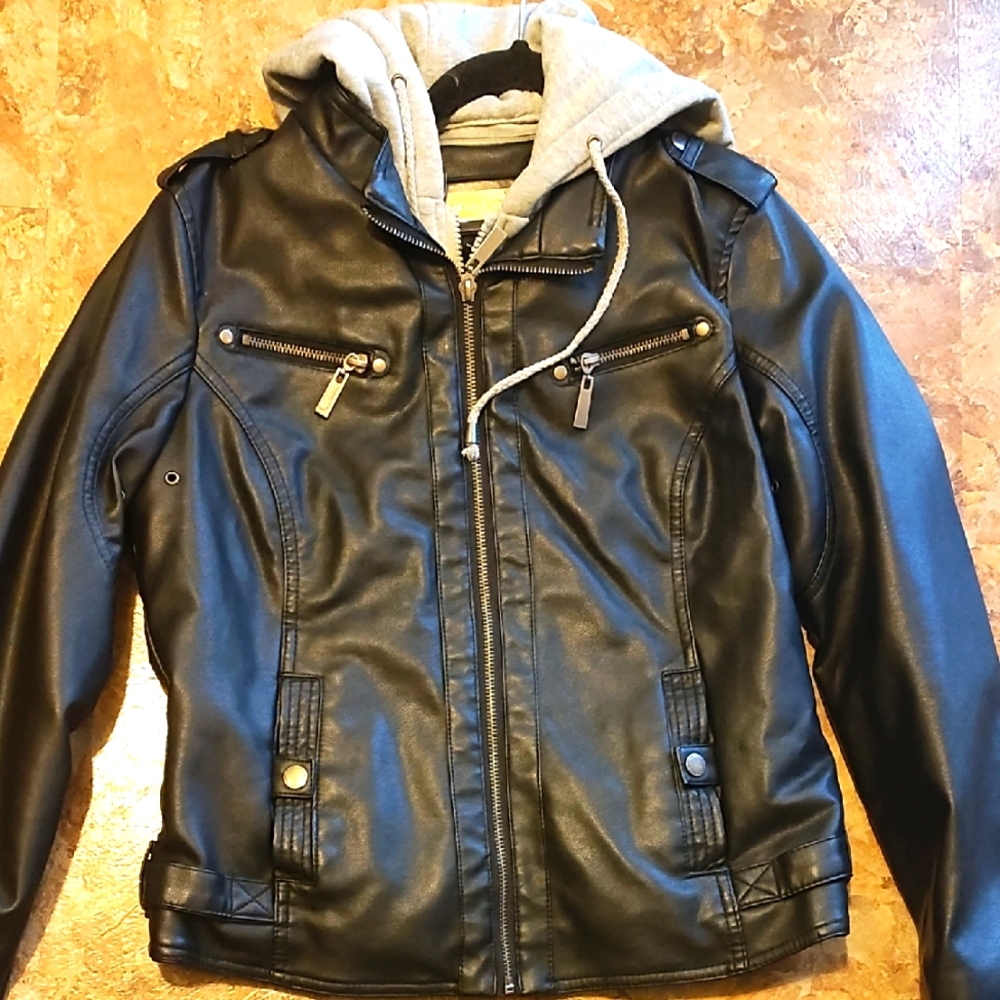 Women's Black Faux Leather Jacket with Gray Hoodie